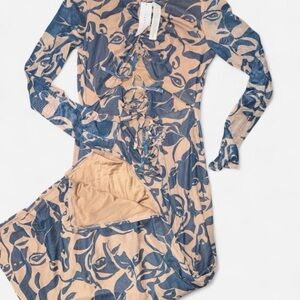 Topshop Blue and Beige Long Sleeve Dress